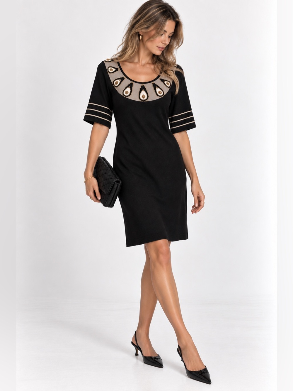 Temperley London 91% Silk Embellished Knit Black Gold Cocktail Dress US 6
